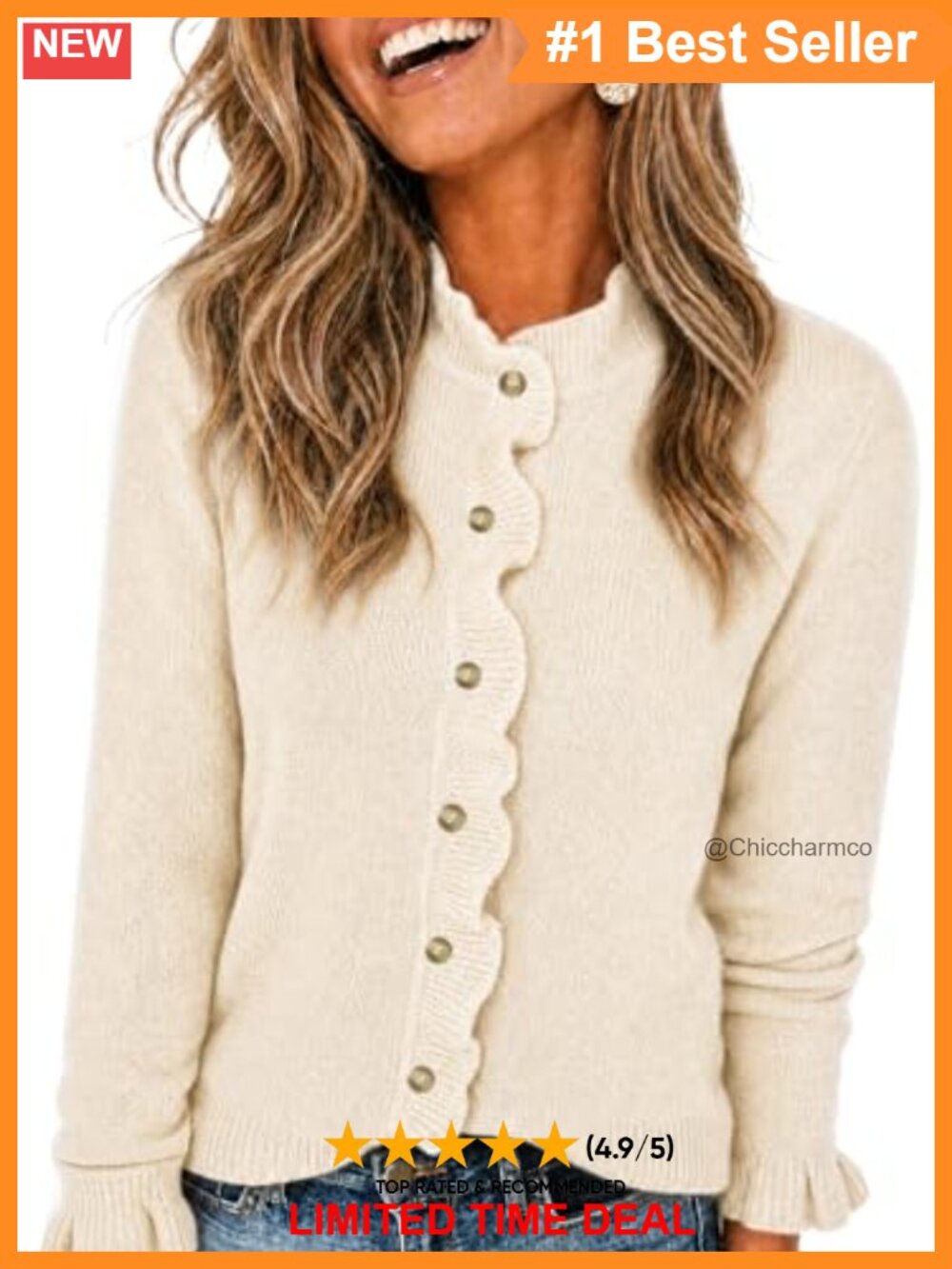 Womens Ruffle Button Down Knit Cardigan Sweater Mock Neck Long Sleeve